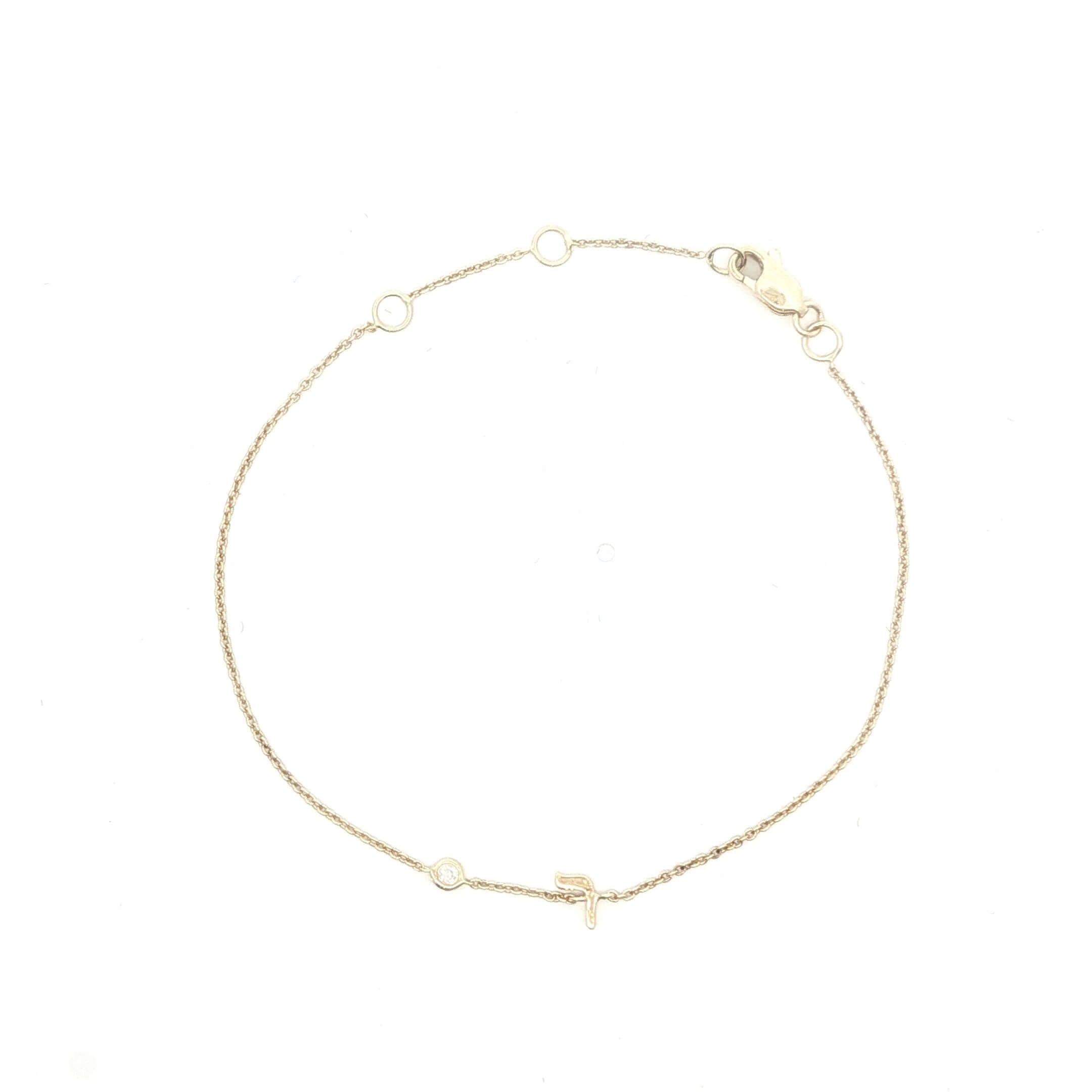 14K Gold Mini Hebrew Initial Gemstone Bezel Bracelet with delicate design and adjustable clasp