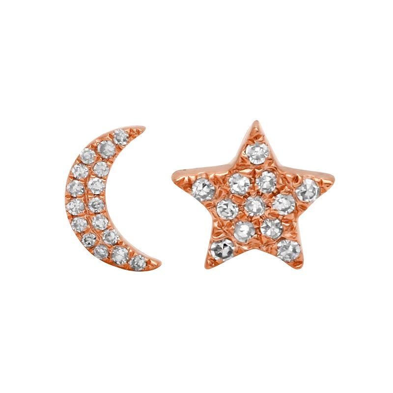 14K Gold Mismatch Star + Moon Button Earrings Rose Gold Izakov Diamonds + Fine Jewelry