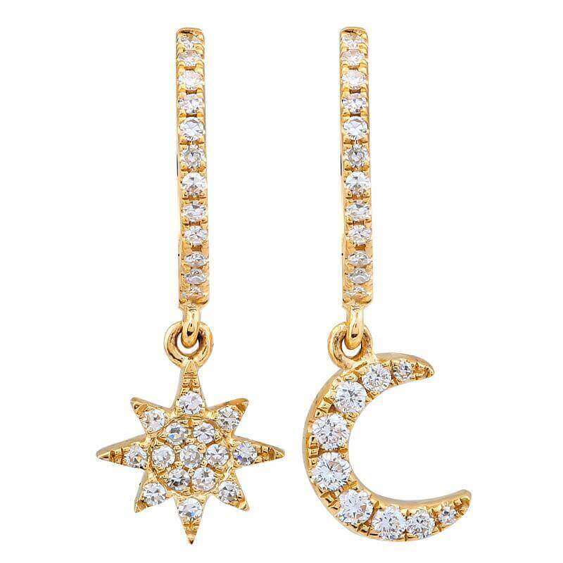 Gold star and moon earrings with diamond accents from our jewelry brand.