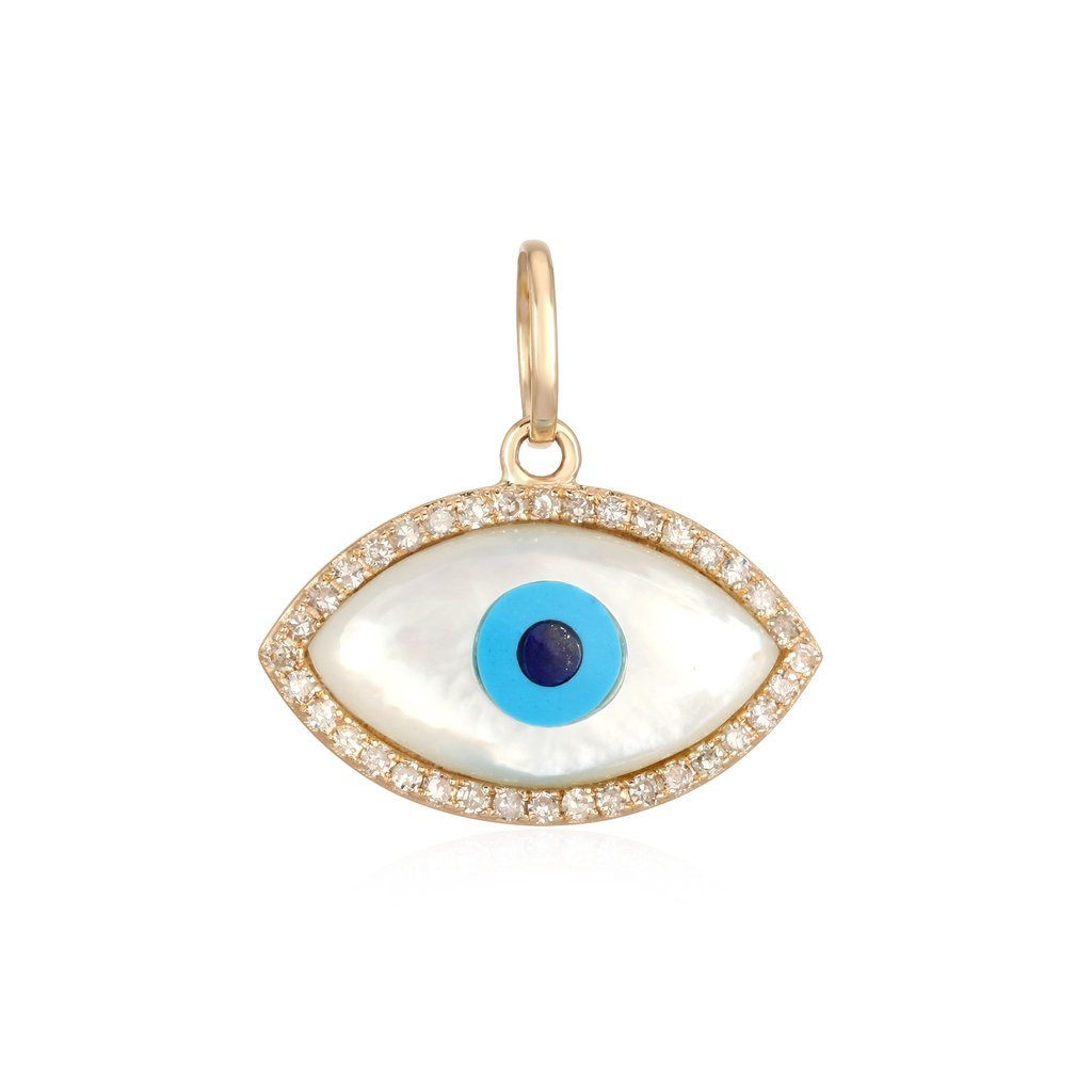 14K Gold Mother of Pearl Evil Eye Necklace Charm Yellow Gold Izakov Diamonds + Fine Jewelry