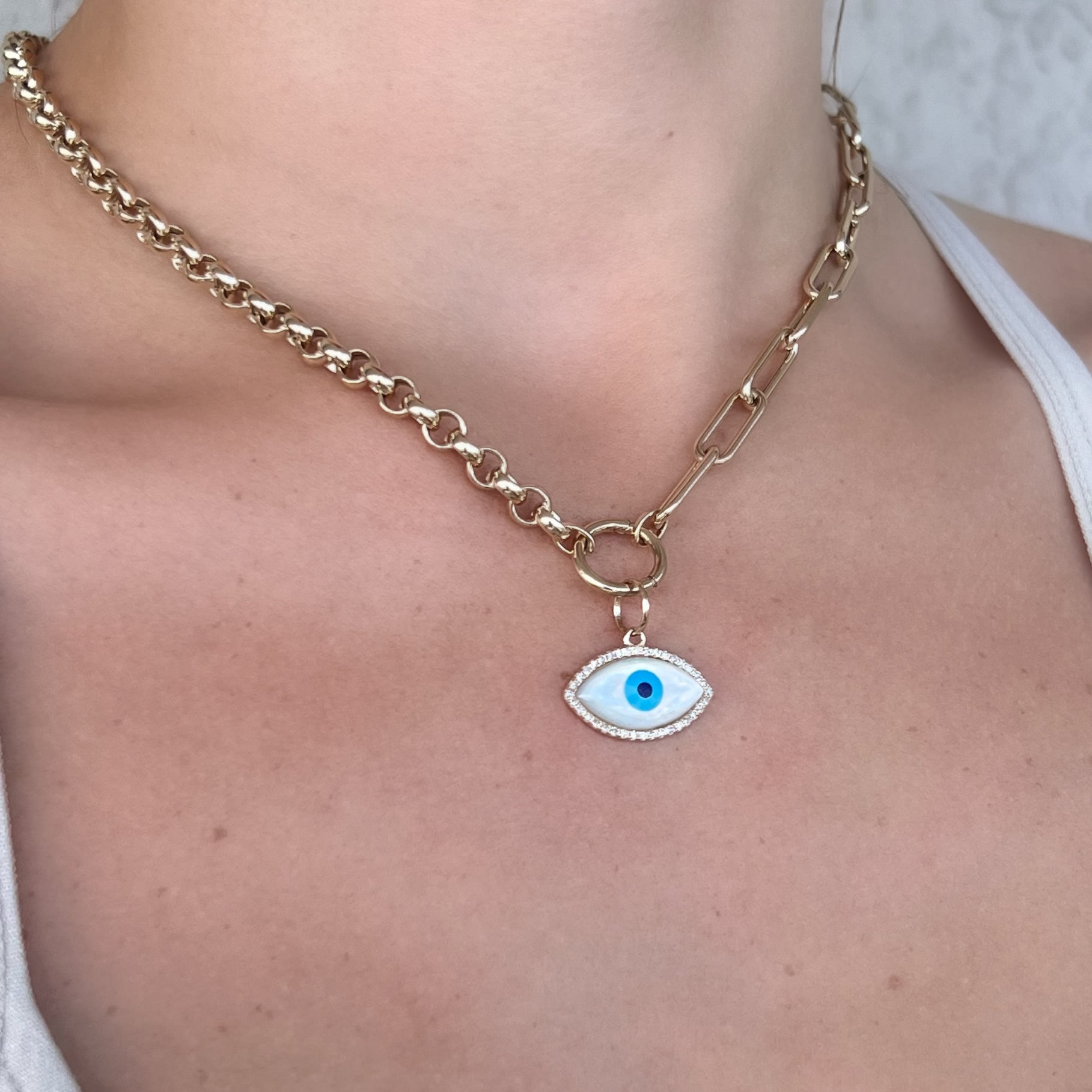 14K Gold Mother of Pearl Evil Eye Necklace Charm - Charms & Pendants - Izakov Diamonds + Fine Jewelry