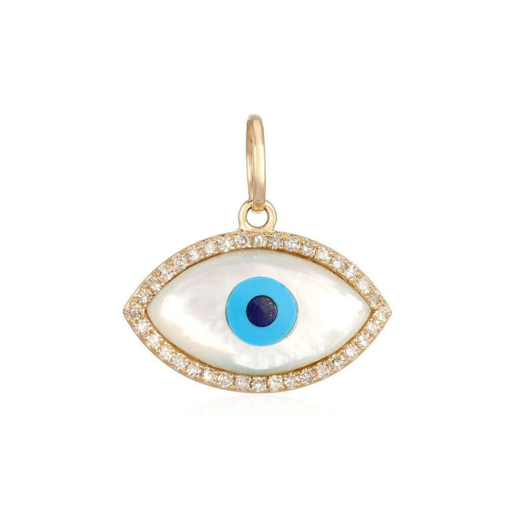 Gold evil eye pendant with blue and white enamel, surrounded by sparkling diamonds, elegant jewelry piece from our collection.