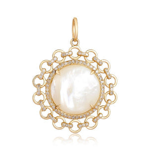14K Gold Mother of Pearl Round Diamond Links Necklace Charm Yellow Gold Charms & Pendants by Izakov Diamonds + Fine Jewelry | Izakov