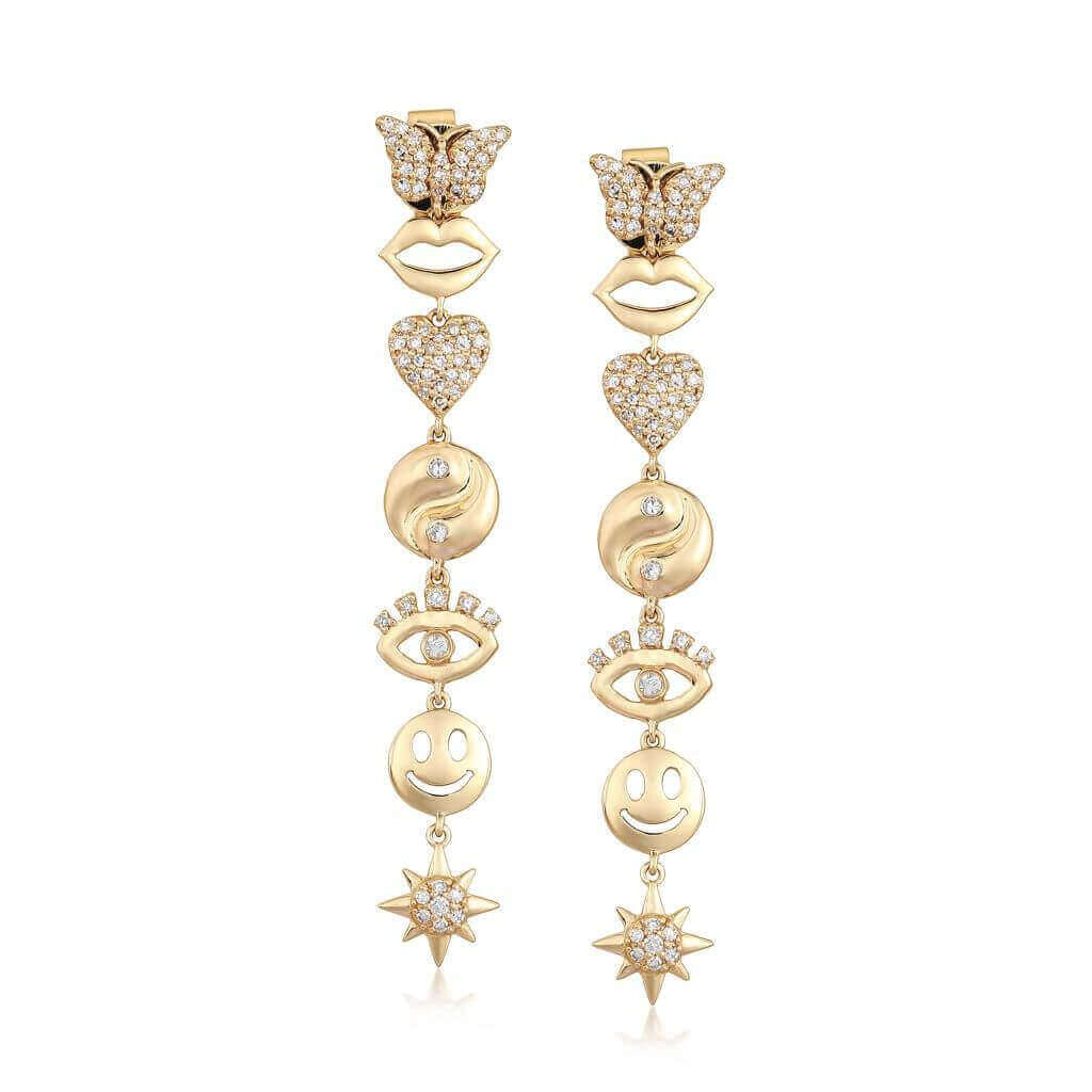 Gold dangle earrings with unique charm symbols by our jewelry brand.