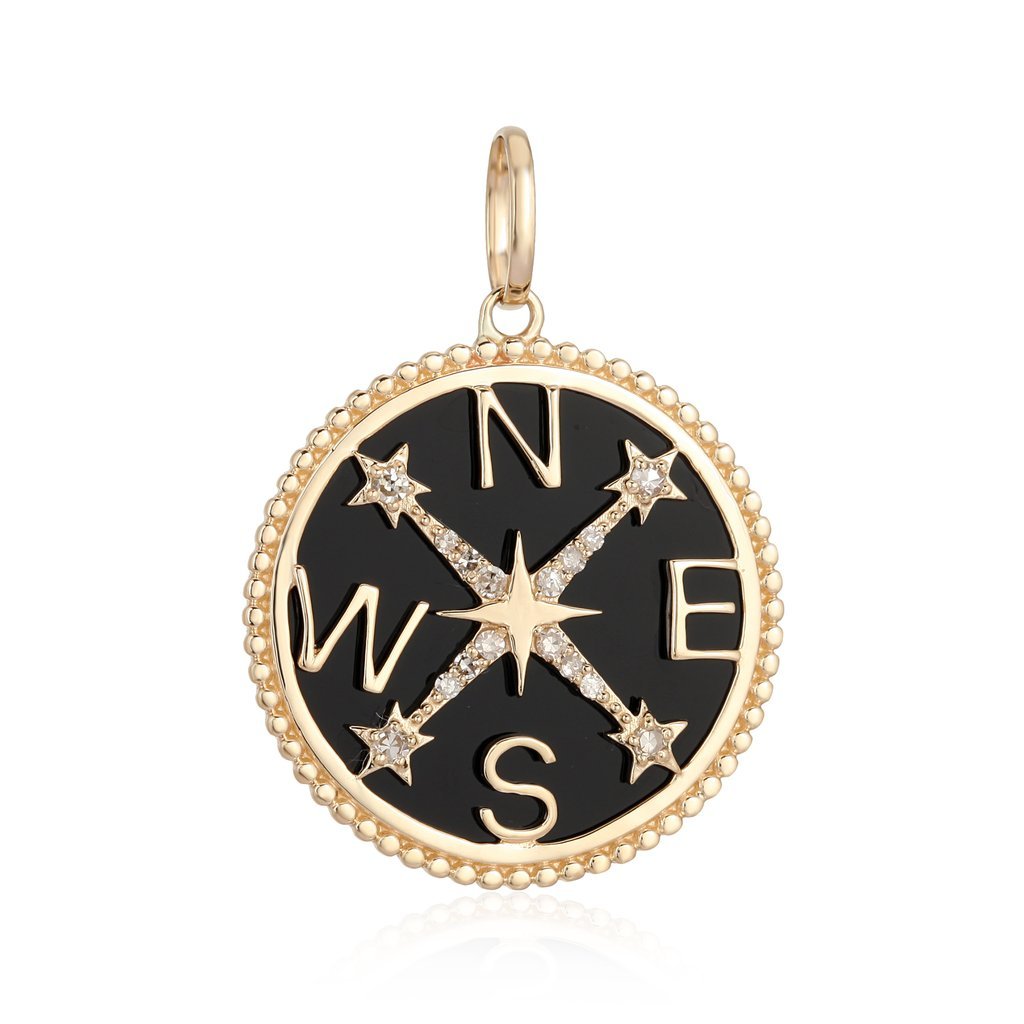 14K Gold Onyx Compass Coin Diamond Necklace Charm Yellow Gold Izakov Diamonds + Fine Jewelry
