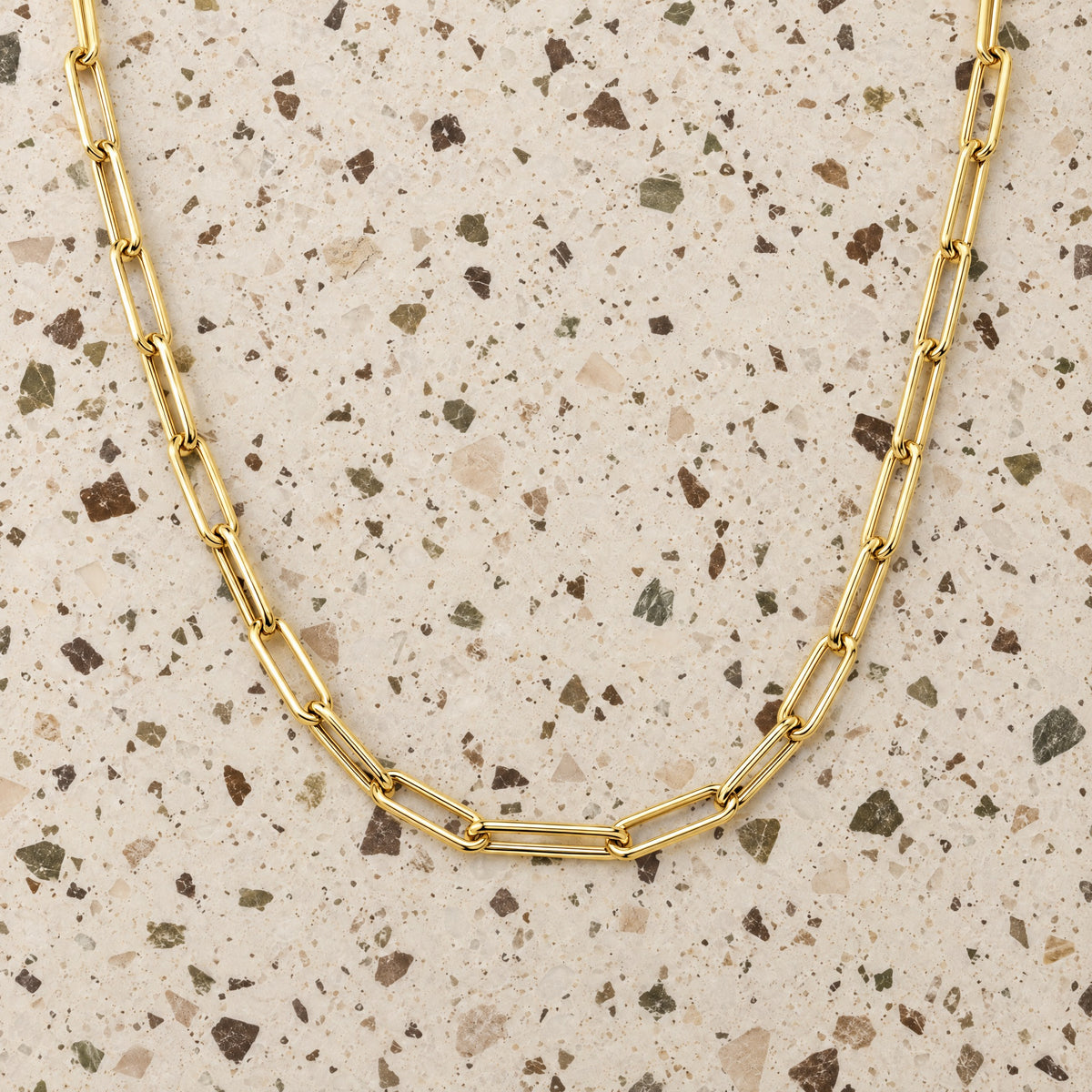 Paper Clip Link Gold Chain Necklace in 14K yellow gold, styled, Izakov Fine Jewelry