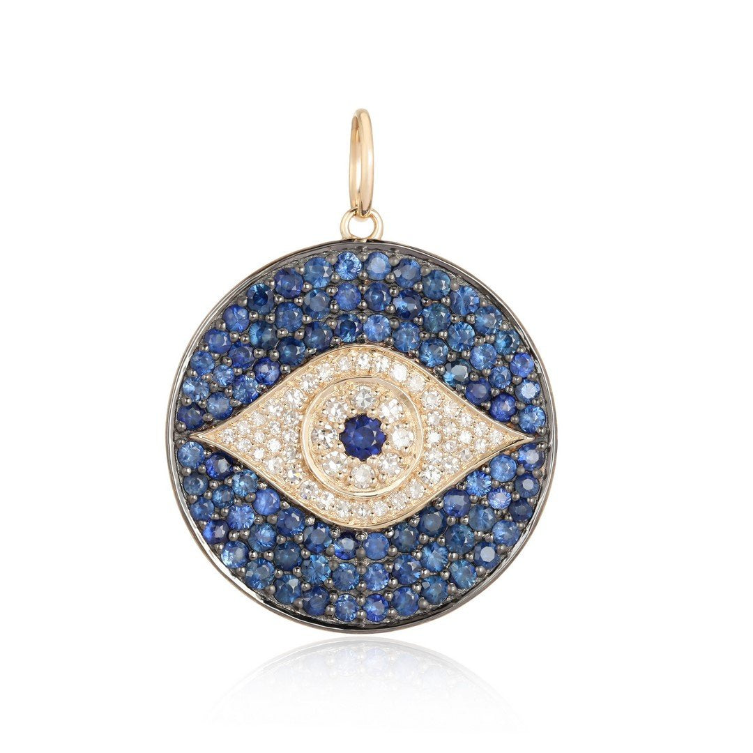 14K Gold Pave Blue Sapphire Evil Eye Diamond Necklace Charm Yellow Gold Charms & Pendants by Izakov Diamonds + Fine Jewelry | Izakov