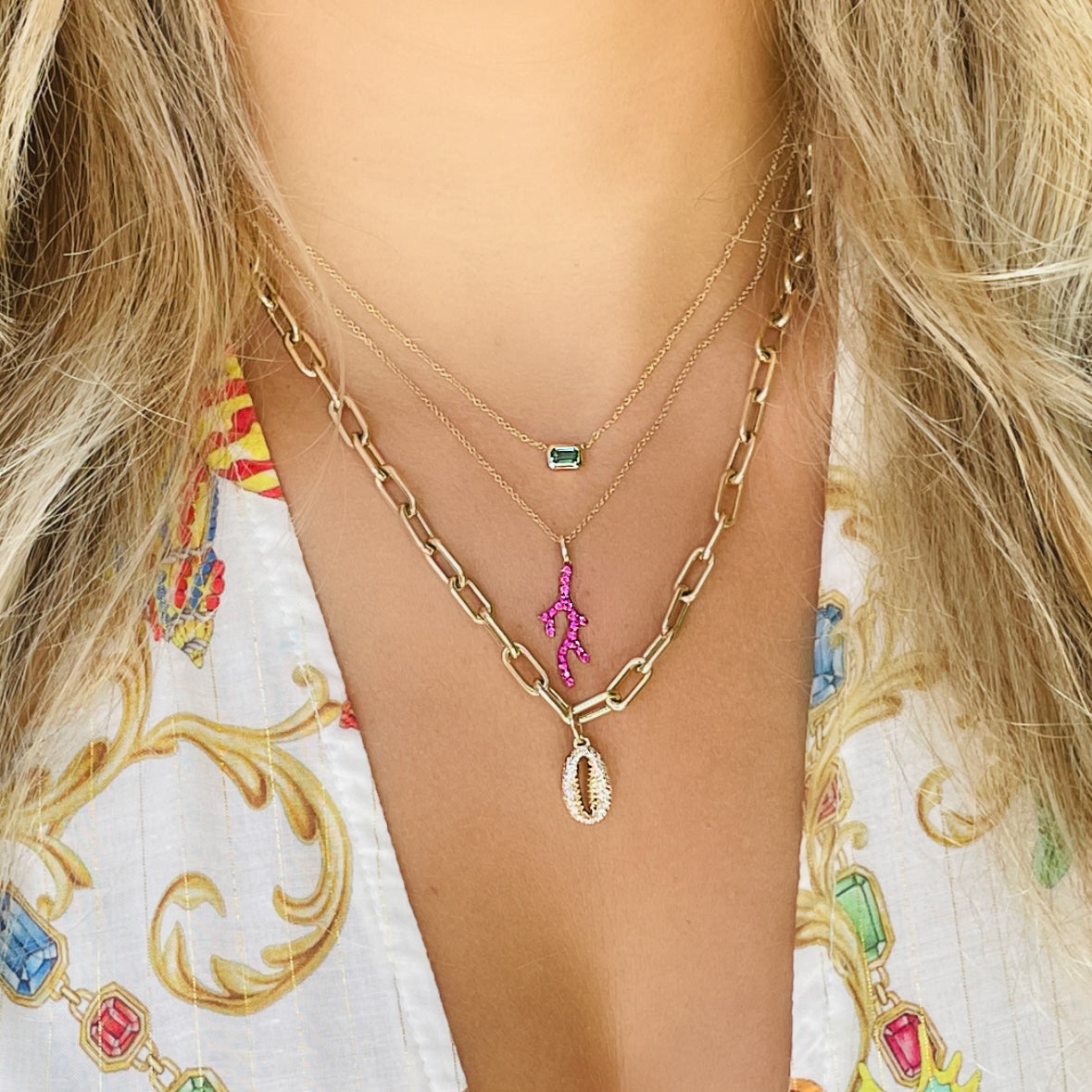 14K Gold Pave Coral Ruby Necklace Yellow Gold Necklaces by Izakov Diamonds + Fine Jewelry | Izakov
