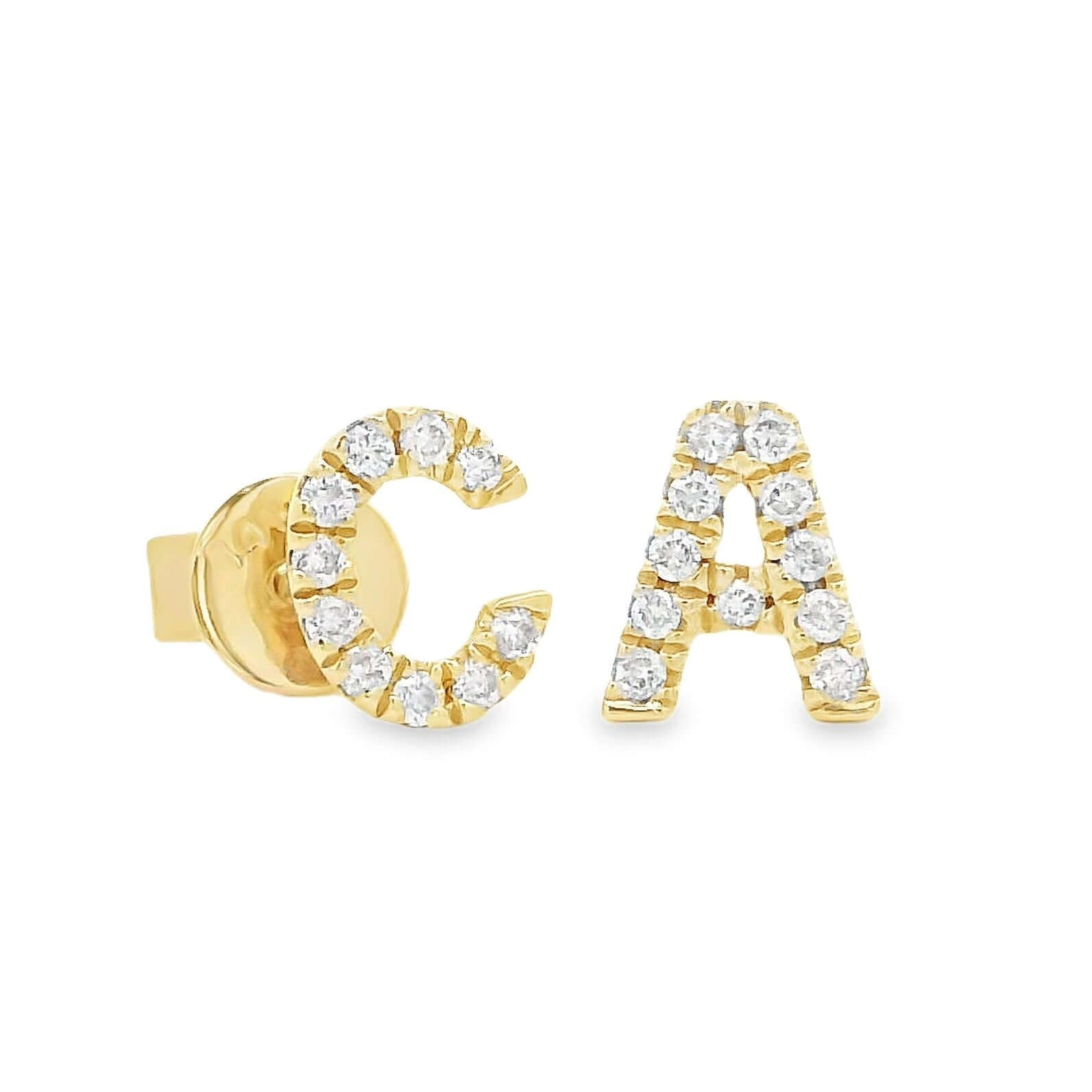 14K gold pave diamond initial earrings featuring the letters C and A, perfect for personalized elegance.