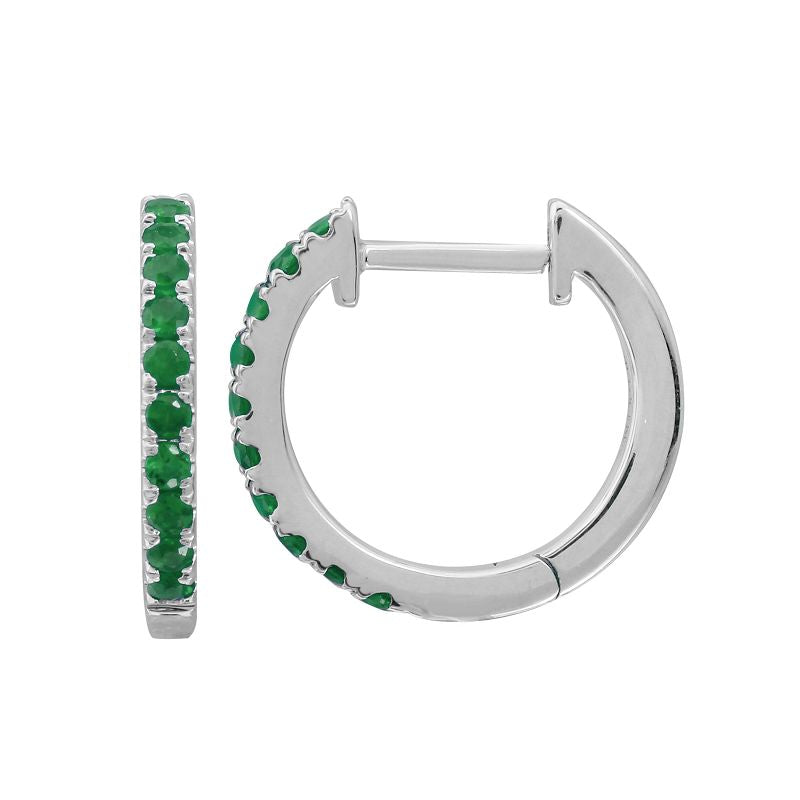14K Gold Pave Gemstone Huggies Emerald 12mm White Gold Earrings by Izakov Diamonds + Fine Jewelry | Izakov