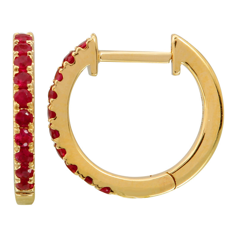 14K Gold Pave Gemstone Huggies Ruby 12mm Yellow Gold Earrings by Izakov Diamonds + Fine Jewelry | Izakov