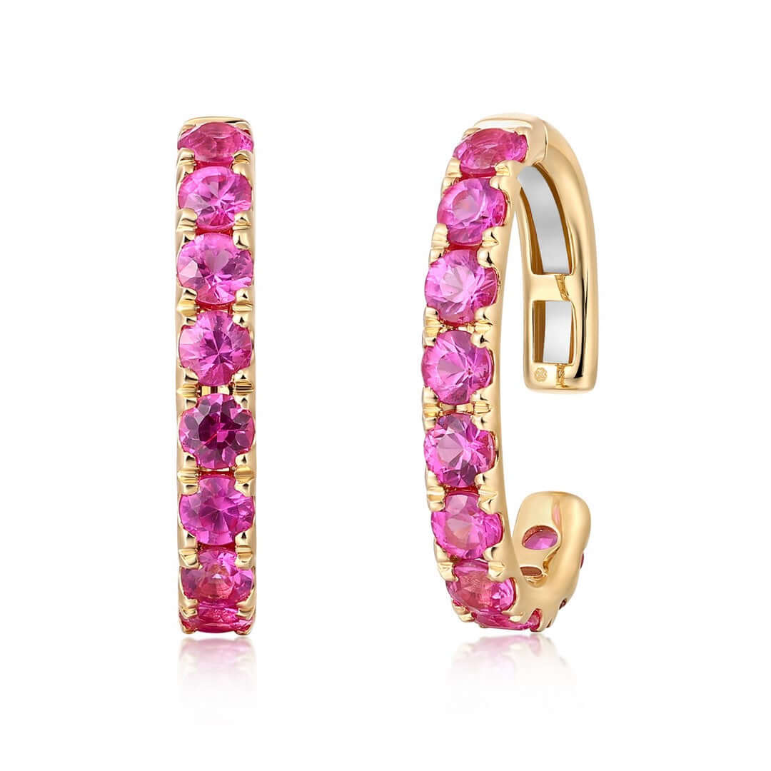 14K Gold Pave Gemstone Ear Cuff featuring vibrant pink sapphires in a stunning pave setting.