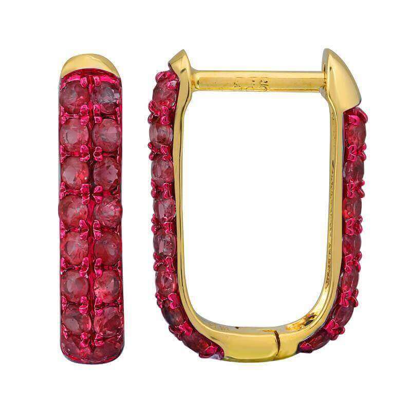 Gold hoop earrings with vibrant red gemstone accents from our luxury jewelry collection.