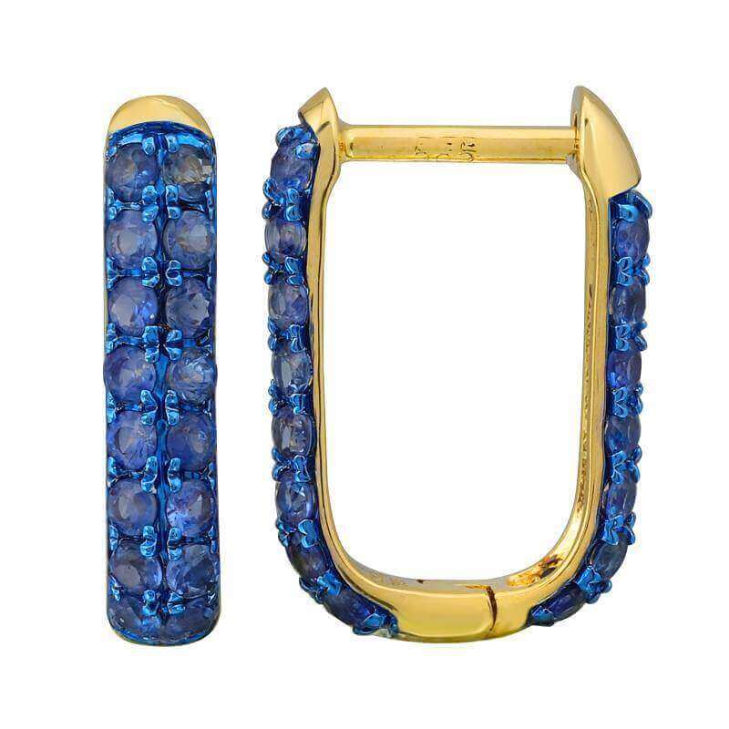 Gold hoop earrings adorned with vibrant blue gemstones from our exclusive jewelry brand collection.