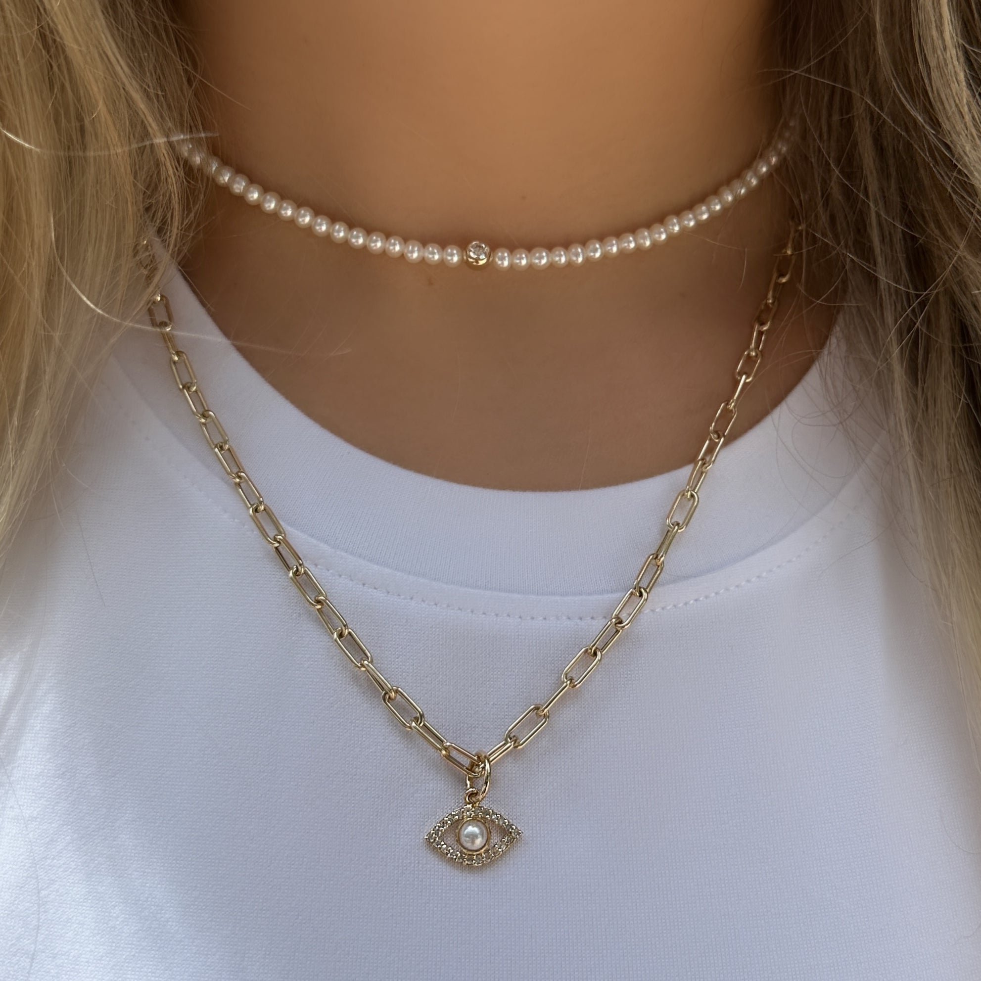 14K Gold Pearl Accented Diamond Evil Eye Necklace Charm Yellow Gold Charms & Pendants by Izakov Diamonds + Fine Jewelry | Izakov