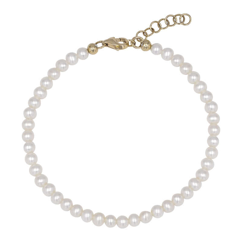 14K Gold Pearl Beaded Bracelet showcasing 3mm pearls perfect for stacking and layering with chic elegance.