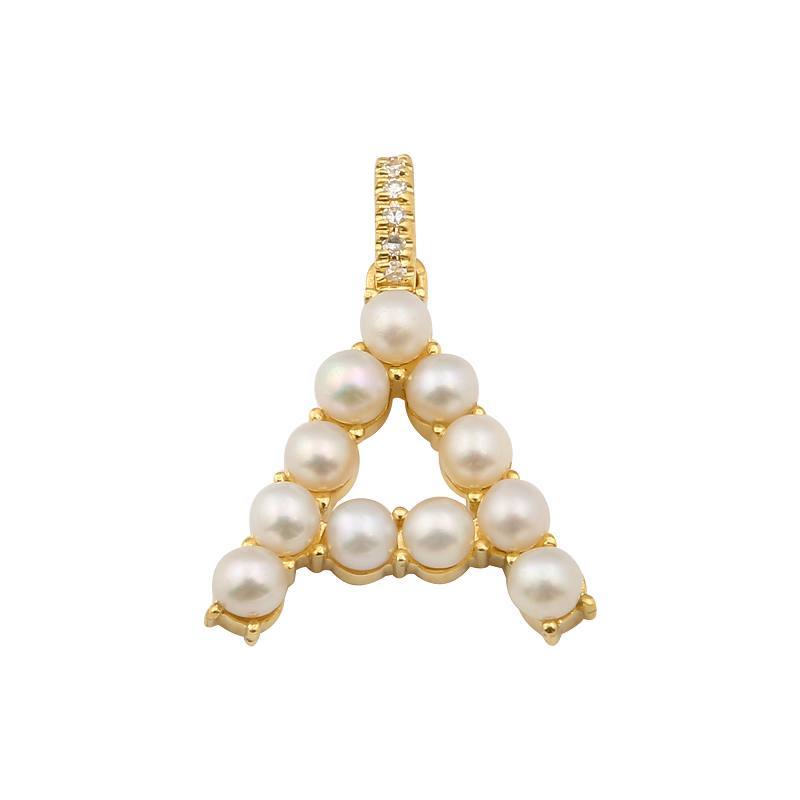 14K Gold Pearl Initial Diamond Necklace Charm A / Yellow Gold Izakov Diamonds + Fine Jewelry