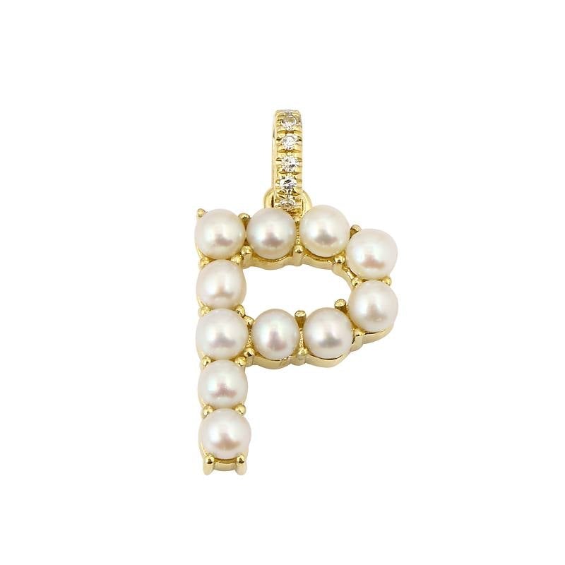 14K Gold Pearl Initial Diamond Necklace Charm P / Yellow Gold Izakov Diamonds + Fine Jewelry