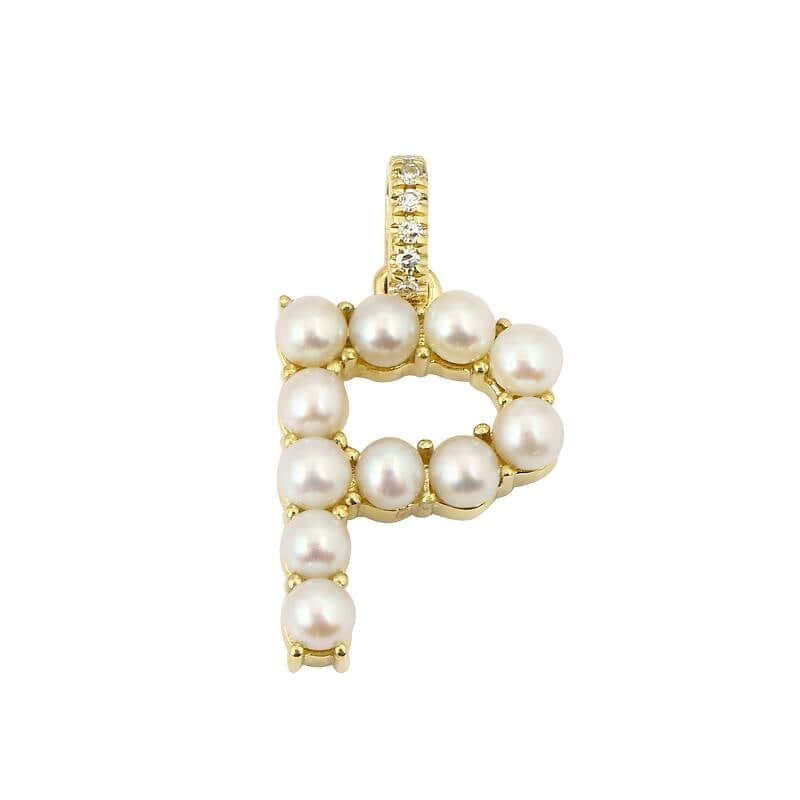 14K Gold Pearl Initial Diamond Necklace Charm - Charms & Pendants - Izakov Diamonds + Fine Jewelry