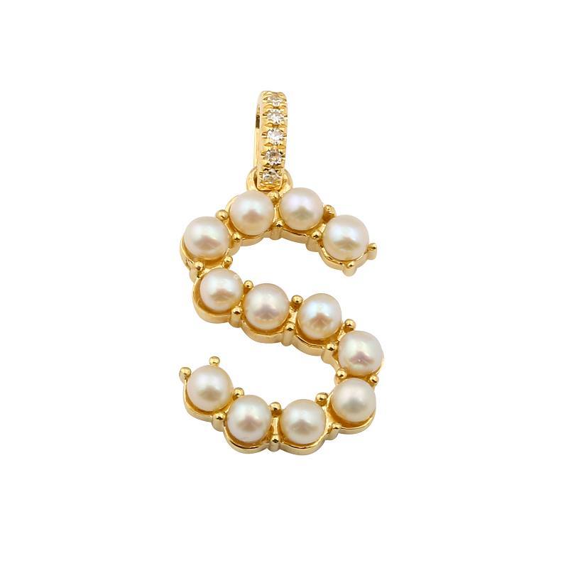 14K Gold Pearl Initial Diamond Necklace Charm S / Yellow Gold Izakov Diamonds + Fine Jewelry