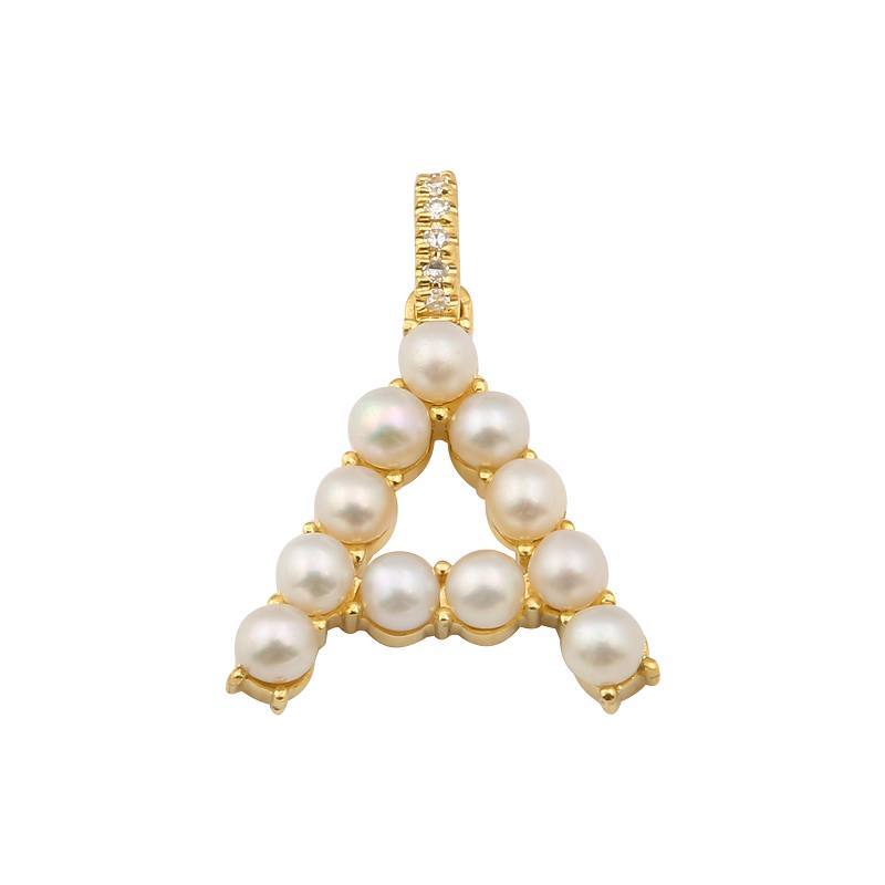 Gold letter "A" pendant adorned with white pearls and diamonds from our exclusive jewelry collection.