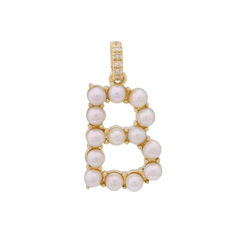 Gold pendant with pearl letter "B" adorned with diamonds from our exclusive jewelry collection.