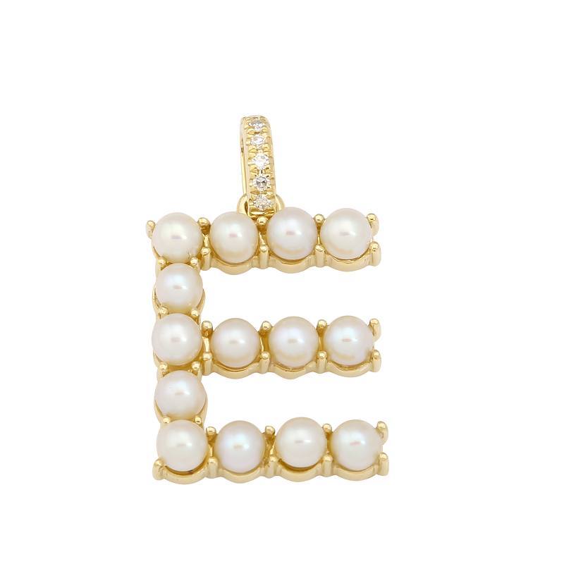 Gold letter 'E' pendant adorned with pearls and diamonds from our jewelry collection