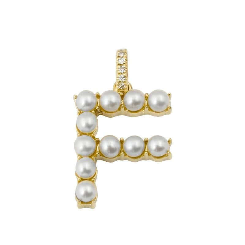 Gold letter F pendant with pearls and diamonds for personalized jewelry