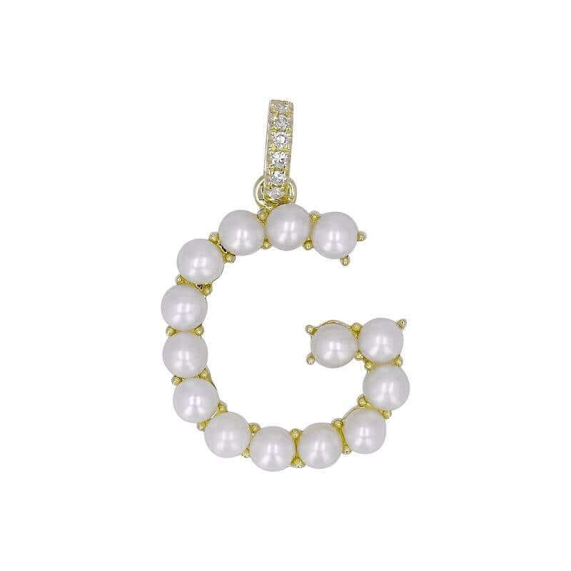 Gold and pearl letter G pendant with diamond accents from our luxury jewelry collection.