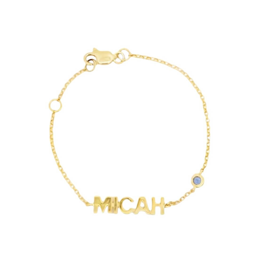 14K gold personalized baby bracelet with name "Micah" and birthstone charm, perfect for unique baby jewelry.