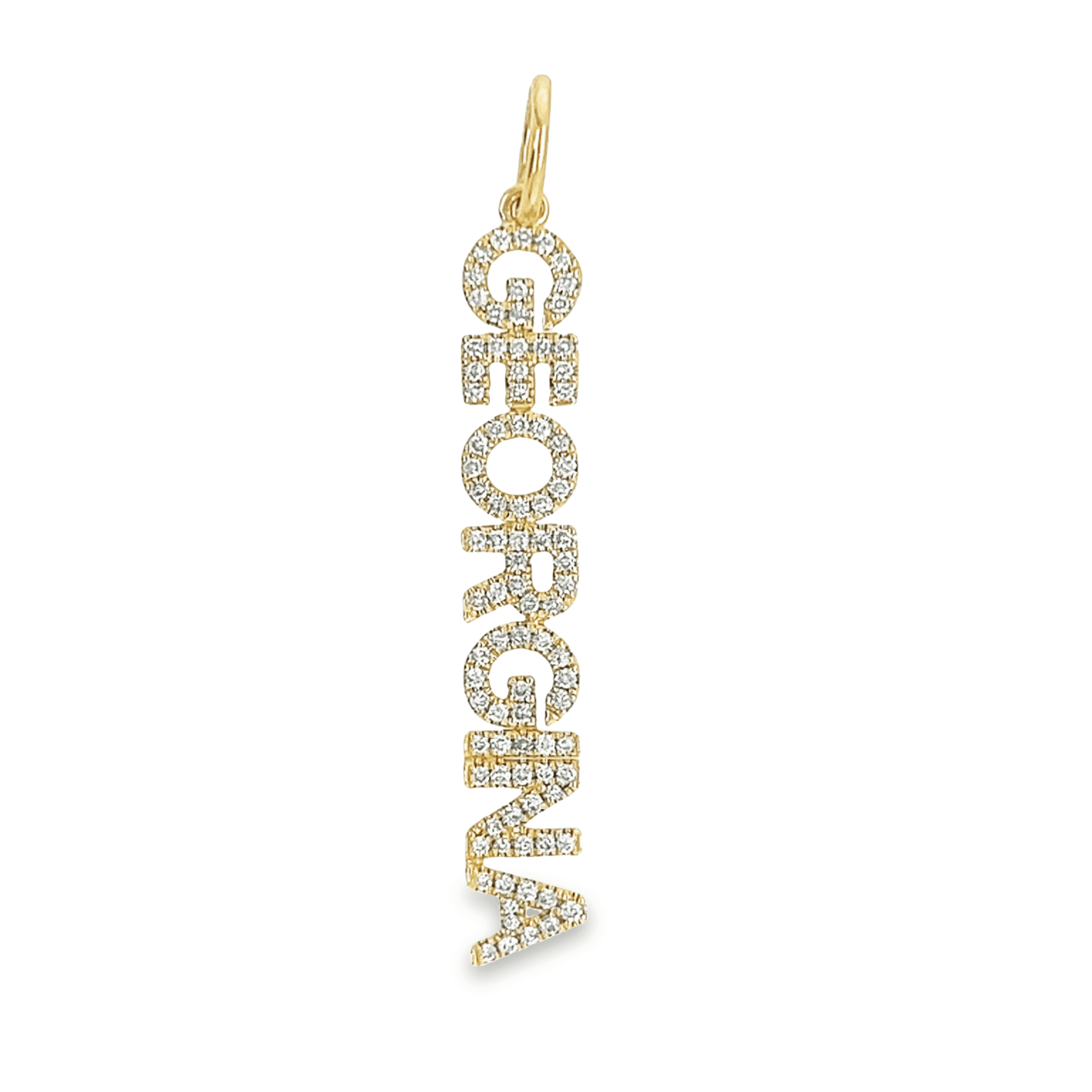 Gold name pendant with "Georgina" spelled in sparkling diamonds by our jewelry brand, perfect for a personalized luxury gift.