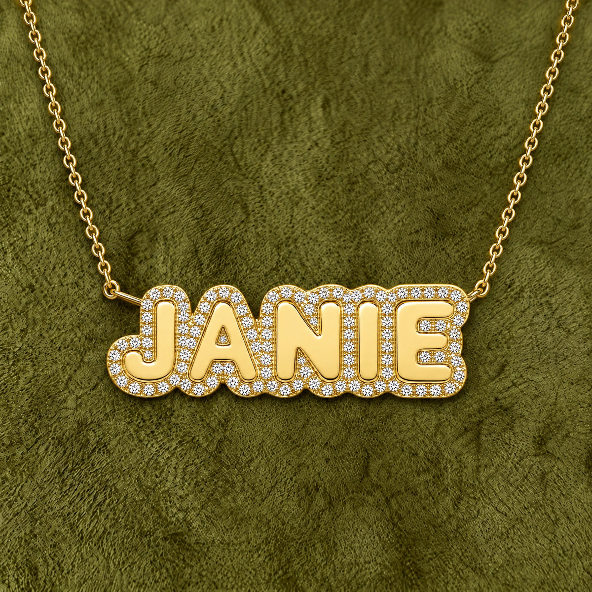 Personalized Diamond Cloud Nameplate Necklace in 14K yellow gold, styled, Izakov Fine Jewelry