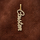 Personalized Script Diamond Nameplate Necklace Charm in 14K yellow gold, styled, Izakov Fine Jewelry
