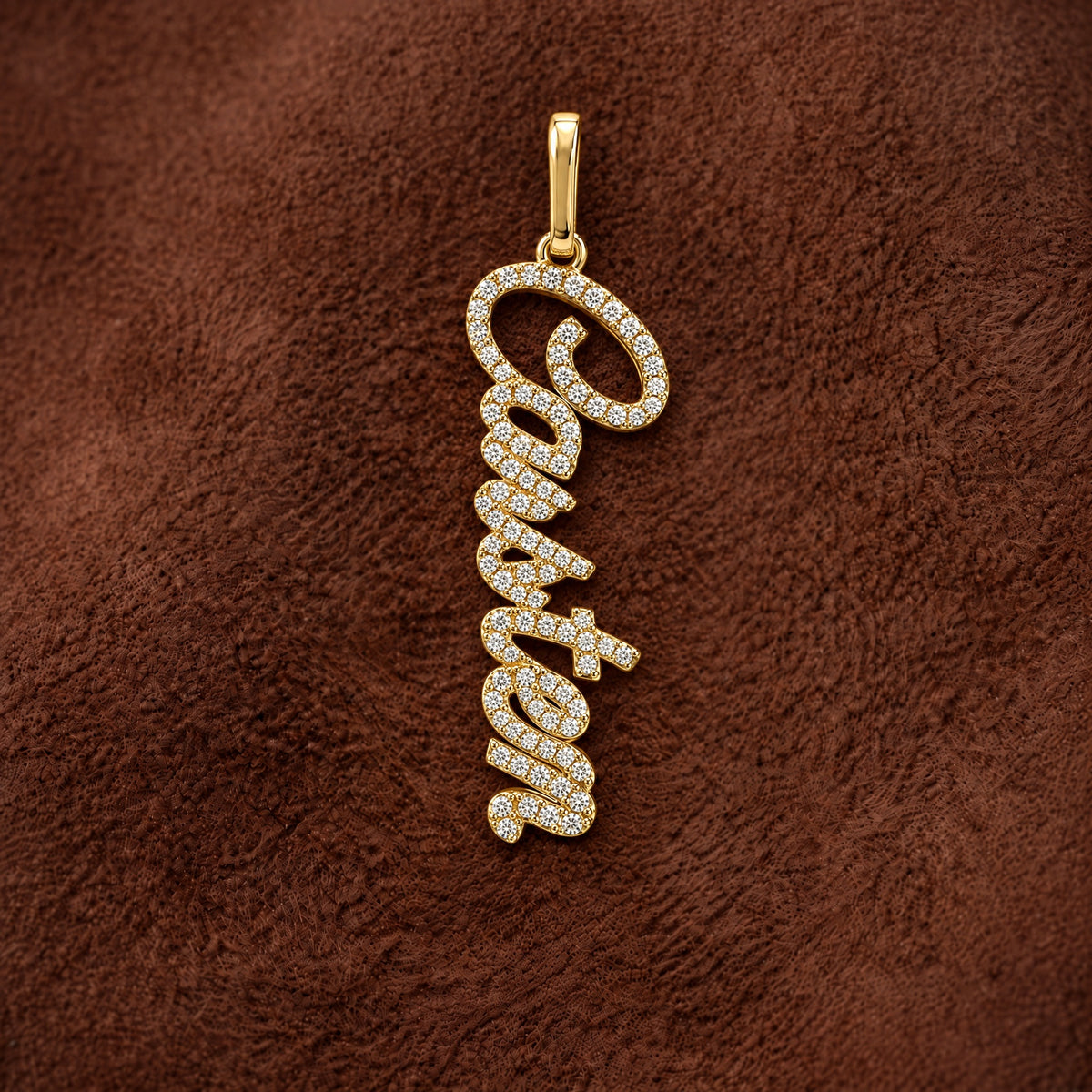 Personalized Script Diamond Nameplate Necklace Charm in 14K yellow gold, styled, Izakov Fine Jewelry