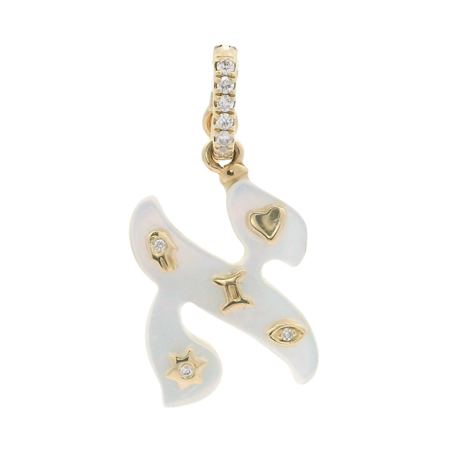 14K gold Hebrew initial pendant with mother of pearl inlay and diamond accents, customizable charm necklace.