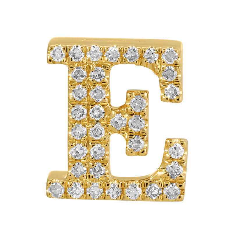 14K Gold Personalized Initial Diamond Rondelle featuring letter E with micro pave set diamonds.