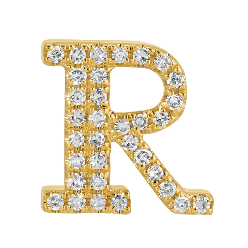 14K Gold Personalized Initial Diamond Rondelle featuring the letter R with micro pave set diamonds.