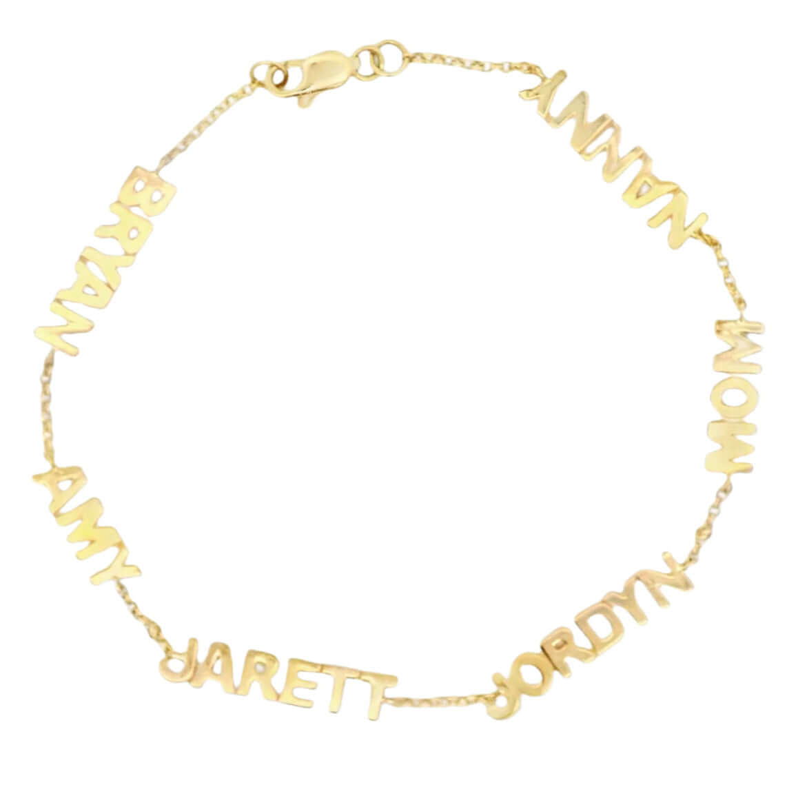 14K gold personalized bracelet with multiple block nameplates for custom names, perfect for stylish jewelry lovers.