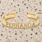Personalized Name Diamond Cuff Bracelet in 14K yellow gold, styled, Izakov Fine Jewelry