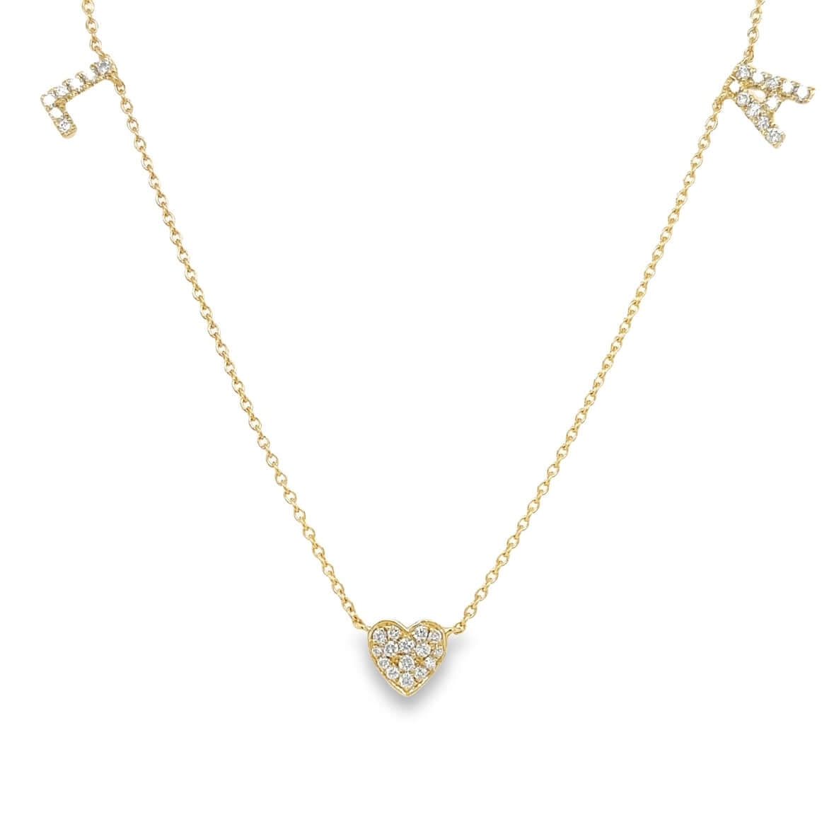 Gold necklace with a heart pendant and 'L' and 'A' initials encrusted in diamonds, from our luxury jewelry collection.