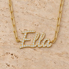 Personalized Script Nameplate Diamond Necklace in 14K yellow gold, styled, Izakov Fine Jewelry