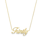 14K gold personalized script nameplate necklace with the name "Trinity" in elegant cursive font on a delicate chain.