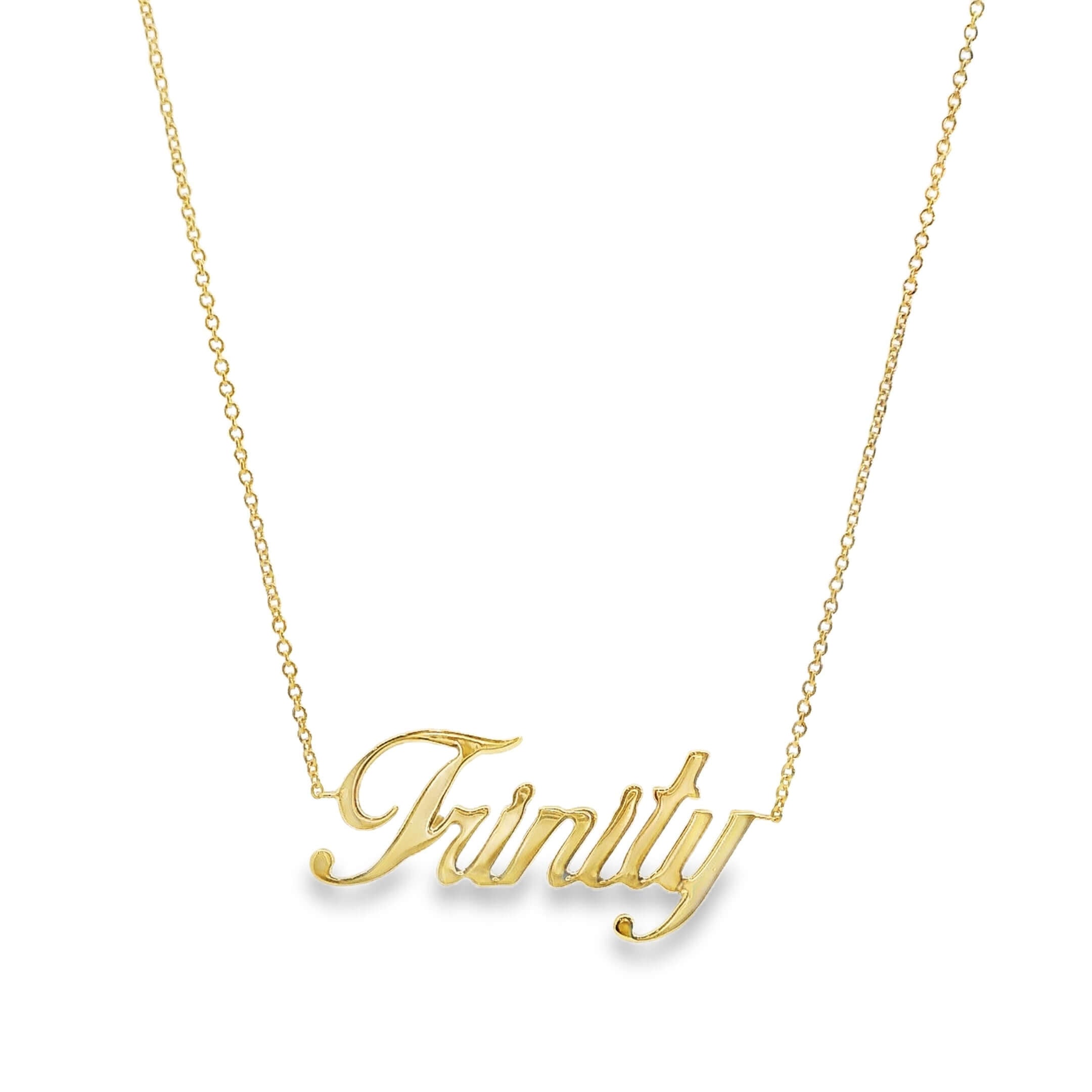 14K gold personalized script nameplate necklace with the name "Trinity" in elegant cursive font on a delicate chain.