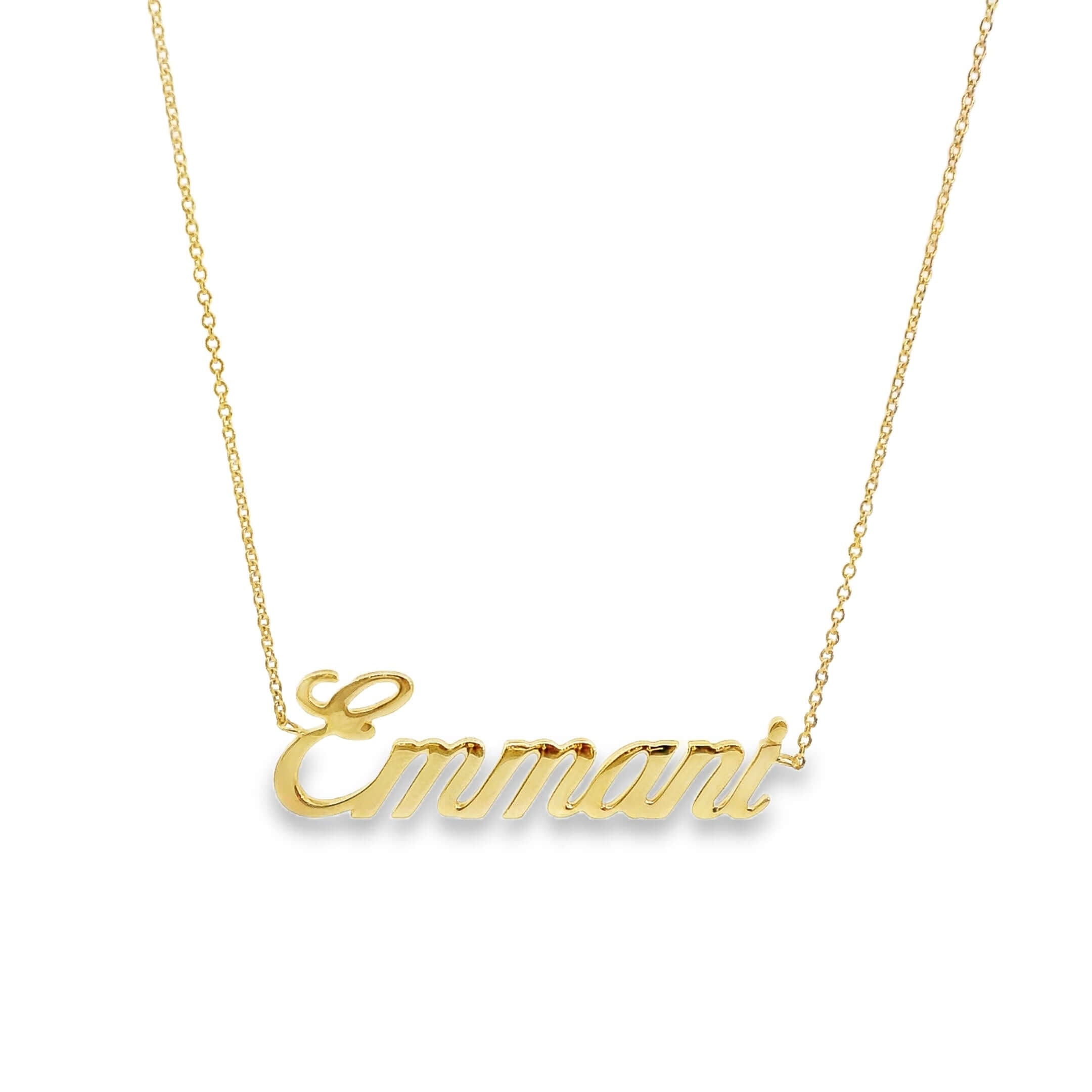 14K gold personalized script nameplate necklace featuring the name "Emmant" on a delicate chain. Perfect for unique style.