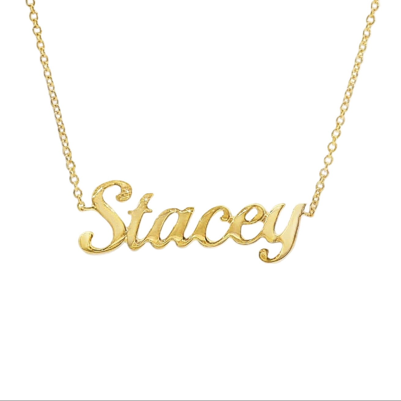 14K gold personalized script nameplate necklace featuring the name "Stacey" in elegant cursive font.