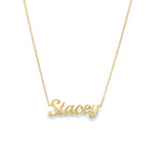 14K gold personalized script nameplate necklace featuring the name "Stacey" in elegant cursive font.