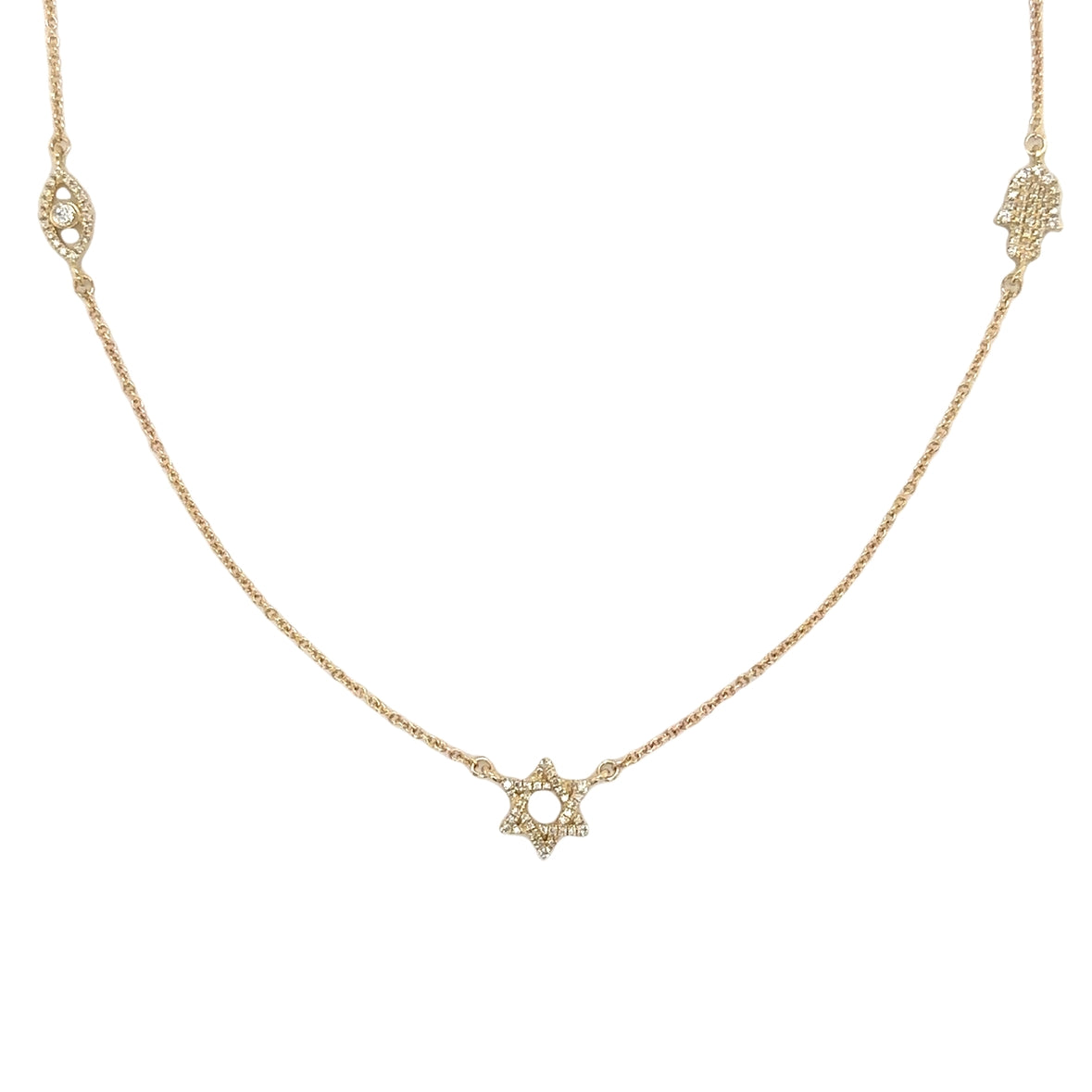 14K Gold Petite Diamond Hamsa Evil Eye & Star Of David Station Necklace with micro pave diamonds on a delicate gold chain