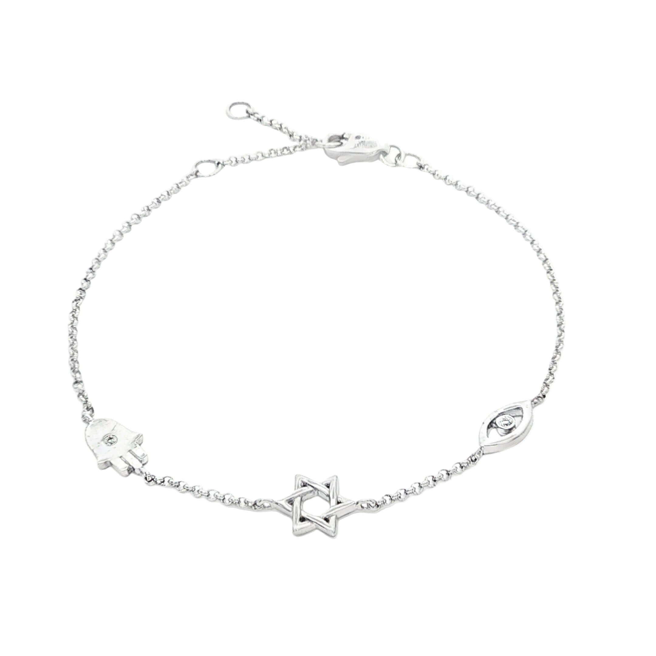 14K Gold Petite Hamsa Evil Eye & Star Of David Diamond Bracelet with elegant charms and refined design.