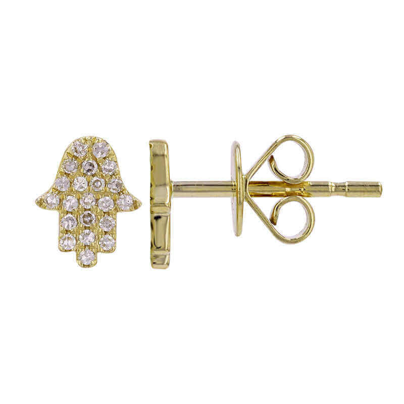 Gold Hamsa stud earrings with sparkling diamonds from our luxury jewelry collection, perfect for adding a touch of elegance to any outfit