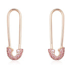 Elegant gold earrings with pink gemstones in a unique safety pin design from our exclusive jewelry collection.